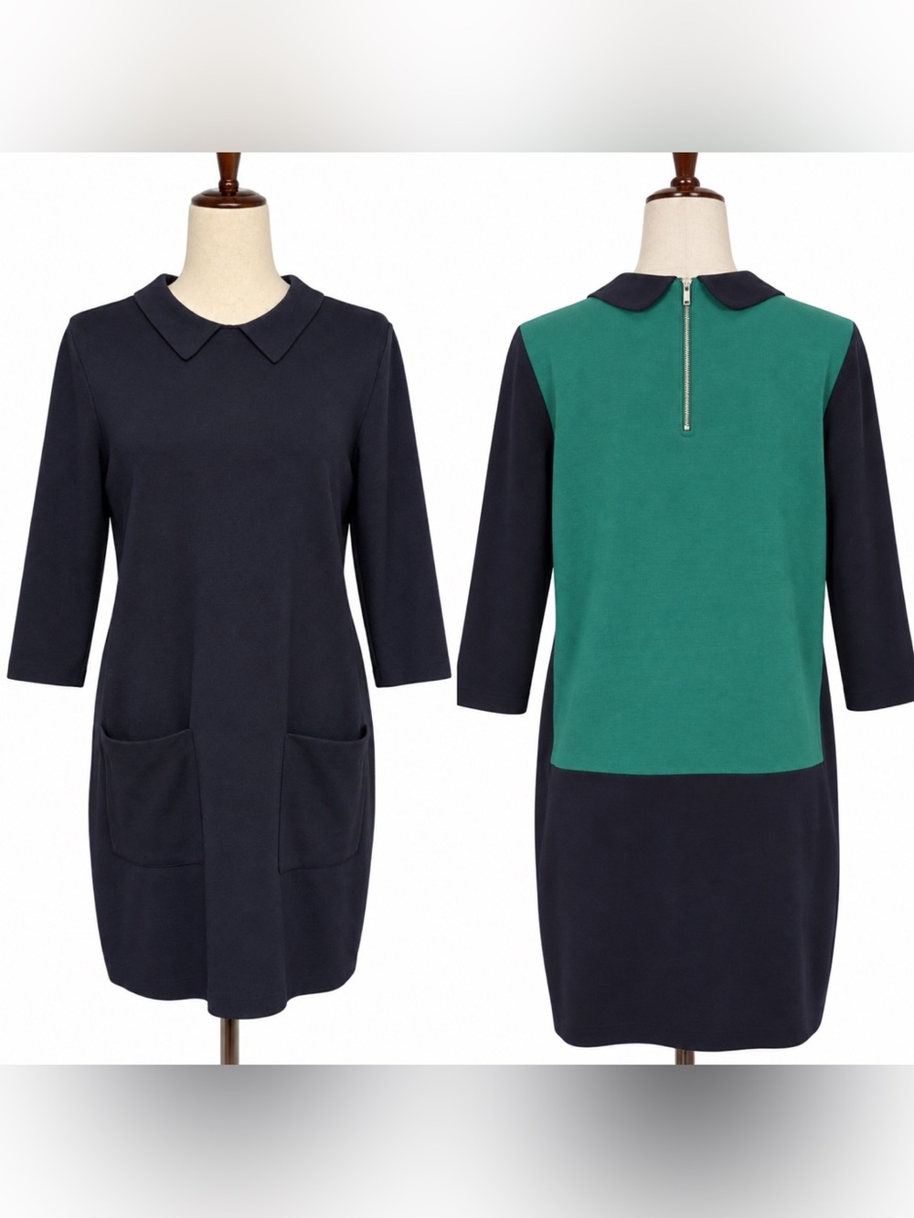COS collared Colorblock dress in navy & teal. Back zip.  Loose fit shift.  M